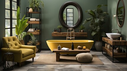 Bathroom with a large yellow bathtub and a lot of plants