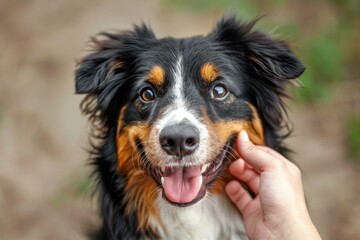 A smiling Australian Shepherd dog being petted by a human hand