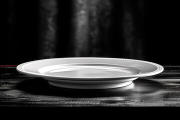 Minimalistic design of empty white plates on a dark table. View from above. A set of clean dishes. An aesthetic combination of white porcelain plates.