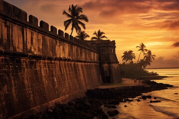 A Majestic Sunrise Over a Colonial Fort with the Ocean in the Background, Seagulls Flying and Palm Trees Swaying in the Breeze