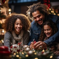 A family of three is decorating a Christmas tree together.