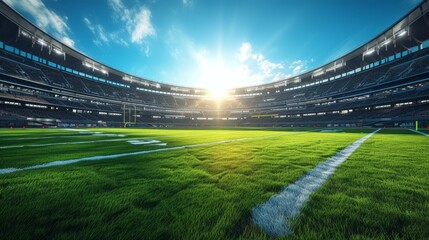 American football stadium with green field and bright sky