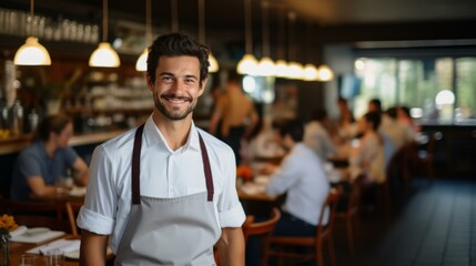 Portrait of a Smiling Male Chef in a Busy Restaurant