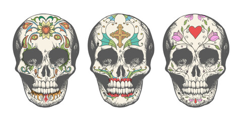 Colored Sugar Skull Tattoo Set. Vector Illustration