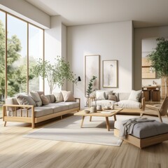 Airy and bright living room with large windows and wooden furniture