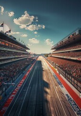 Fototapeta premium Aerial view of a Formula One race track with a large crowd in the stands