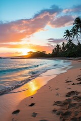 Beach sunset with palm trees and pink clouds