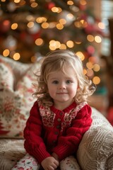 Little girl in red sweater sitting in front of Christmas tree