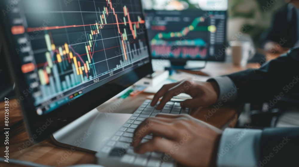 Aufkleber A businessman typing on a keyboard with financial graphs displayed on a computer screen, multitasking in a fast-paced financial environment.
