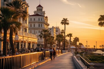 A Vibrant Seaside Promenade at Sunset, with Pastel-Colored Buildings, Palm Trees, and People Enjoying the Scenic View