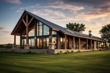 Obraz premium A Rustic Yet Modern Renovated Barn Home Nestled in the Heart of a Lush Green Meadow Under a Clear Blue Sky
