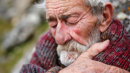 In a close-up portrait, an elderly man, eyes closed, wrapped in a blanket, embodies the cold, frailty, and regrets of old age, evoking the poignant essence of life's final chapter