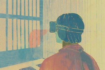 A prisoner wearing a VR headset stares at a barred door. - obrazy, fototapety, plakaty