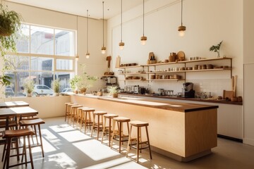 A Minimalist Coffee Shop Nestled in a Bustling City, with a Warm Interior Illuminated by Natural Light and Accented with Wooden Furniture