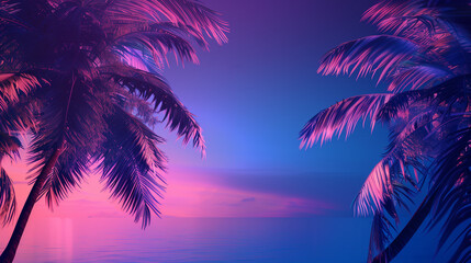night landscape with neon blue light. Dark neon palm background.