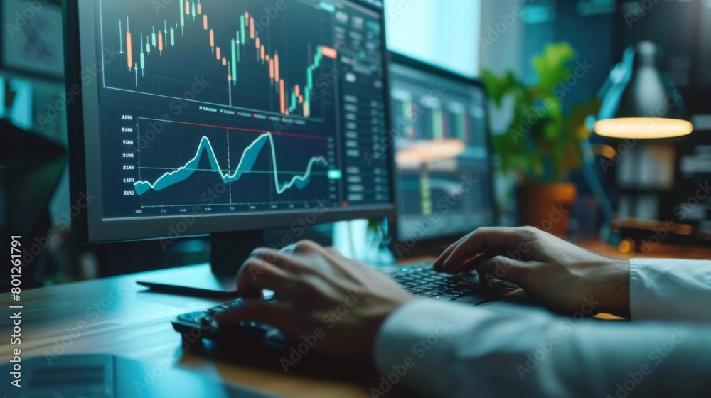 Fototapete a businessman typing on a keyboard with financial graphs displayed on a computer screen, multitaskin