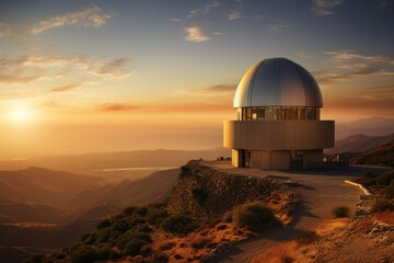 A Majestic Hilltop Observatory Overlooking a Serene Valley Bathed in the Golden Glow of a Setting Sun