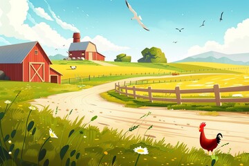 Rural Farm, Ideal for dairy and vegetable producers. Background showcases farm fields, cows, and chickens. Generative AI.