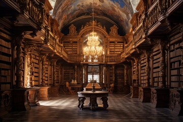 Obraz premium A Majestic Capture of a Historic European Library with Ornate Woodwork, High Vaulted Ceilings, and Thousands of Ancient Books