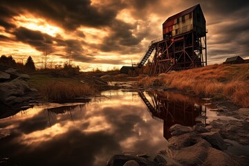 A Hauntingly Beautiful Depiction of an Abandoned Coal Mine, Overgrown with Nature, Under a Dramatic Sunset Sky