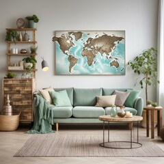 A living room with a world map on the wall