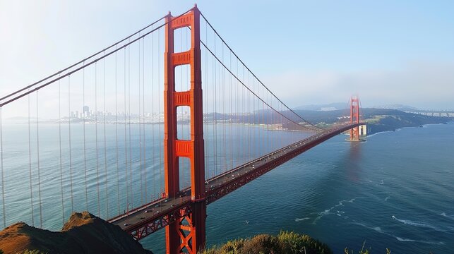 Golden Gate Bridge in San Francisco. It is a suspension bridge painted bright red and spans across a large body of water with a clear blue sky above it.
