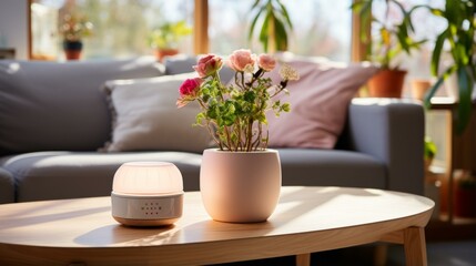 An aroma diffuser and a vase of flowers on a table