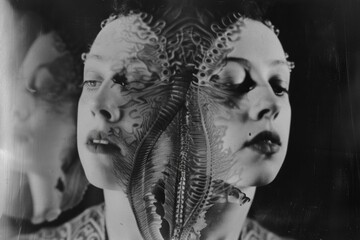 Black and white captivating image of a woman's face reflecting in a mirror, creating a mesmerizing visual illusion