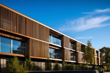 A Modern Boutique Hotel with Horizontal Slatted Timber Facade Nestled in a Lush Green Landscape Under a Clear Blue Sky