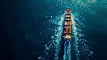 Futuristic depiction of a cargo ship enhanced with digital connectivity at sea, illustrating modern maritime technology