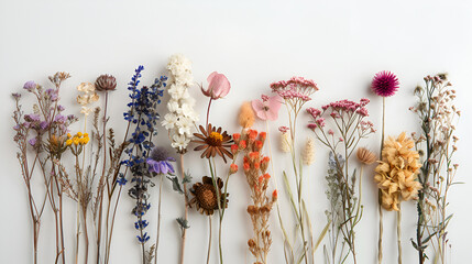 a arrangement of flowers arranged in a row,A bunch of colorful flowers is attached to the wall, creating a vibrant and decorative display. The flowers are fresh and varied in shapes and sizes
