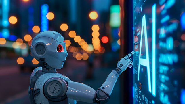 Robot interacts with a digital display in a futuristic city