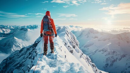 A lone mountaineer reaches the summit of a snow-capped mountain and looks out over a stunning vista