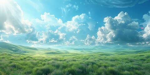 Obraz premium Vast green rolling hills under a blue sky with white clouds