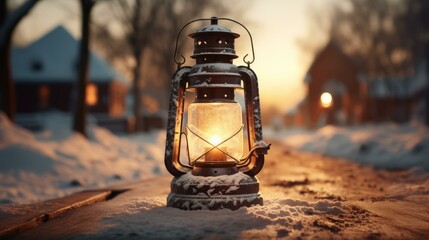 lantern in the snow at sunset