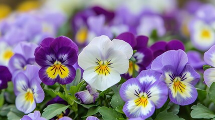 This is a close-up image of several purple and white pansies. The pansies have yellow centers with dark purple edges and white petals with purple veins.