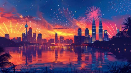 Fototapeta na wymiar A vibrant cityscape with fireworks over the river
