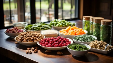 A table full of healthy food including fruits, vegetables, nuts, and seeds