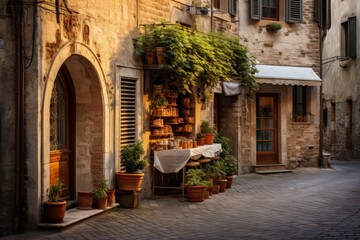 A Quaint Fresh Pasta Shop in a Cobblestone Alley, Radiating Authentic Italian Vibes with Its Rustic...