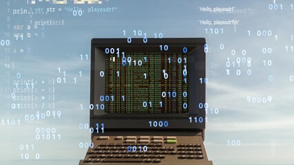 computer on a beach with data and code on screen - 801263307