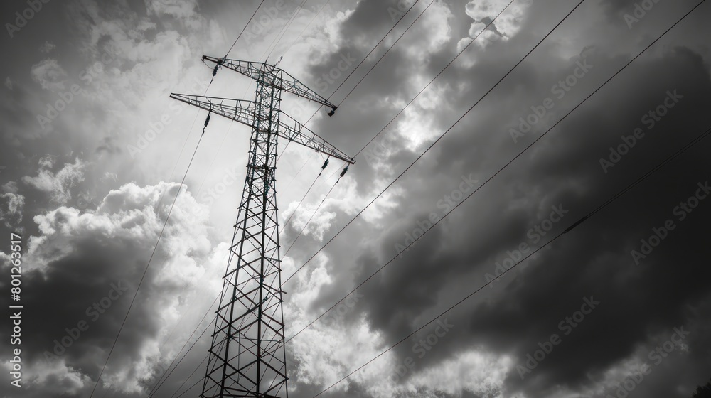 Wall mural dramatic view of high voltage pole with cloudy sky in black and white tone colors. generated ai imag