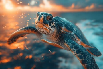 a turtle swimming with the sun setting in the background on the ocean - obrazy, fototapety, plakaty