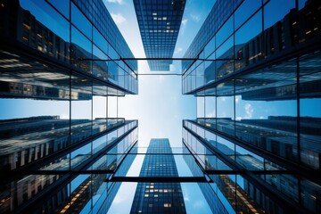 A Modern Architectural Marvel: Grid-Patterned Glass Tower Reflecting the Vibrant Cityscape Underneath a Pristine Blue Sky