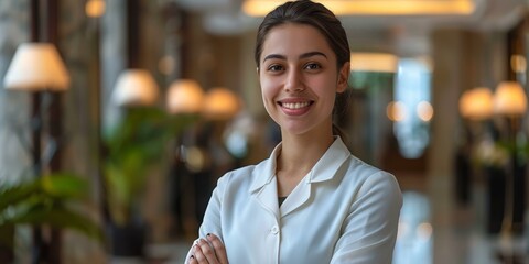 Fototapeta premium Portrait of a young businesswoman smiling in a hotel lobby