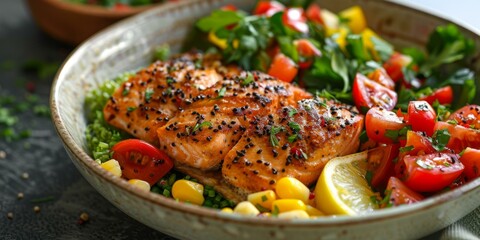 Delicious and healthy salmon fillet with fresh vegetables - Powered by Adobe