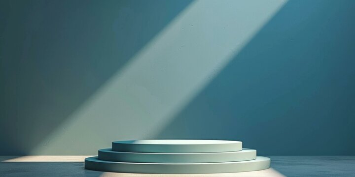 Blue podium with spotlight on the wall