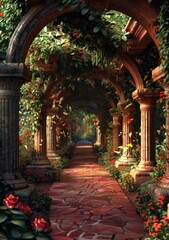 Fototapeta premium fantasy garden path with stone archway and flowers