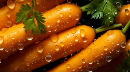 Close-up of orange carrots with green leaves covered in water droplets - obrazy, fototapety, plakaty