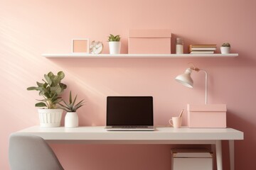 A Tranquil Office Space with Blush Pink Walls, Minimalist White Furniture, and Lush Indoor Plants Creating a Serene Work Environment