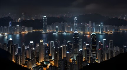 Obraz premium Panoramic view of Victoria Harbor and Hong Kong skyline.generative.ai